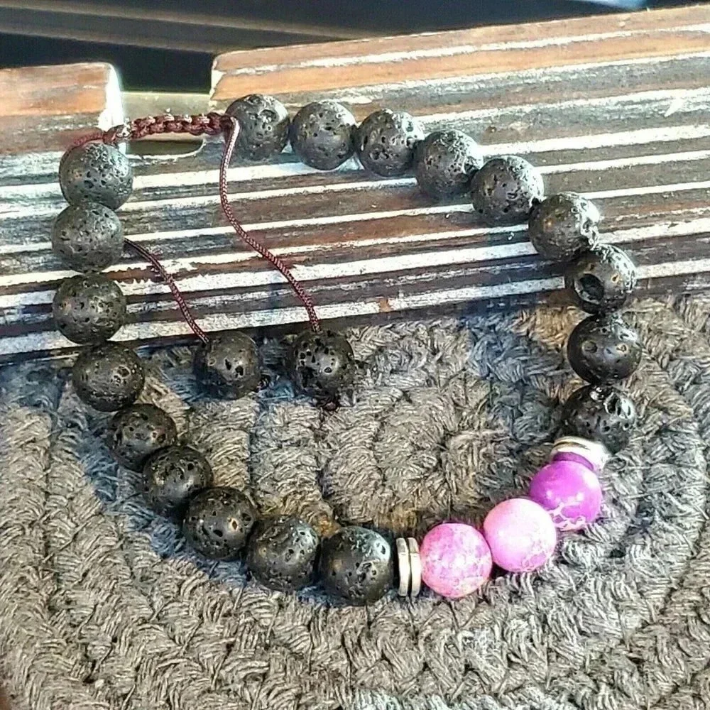 Handcrafted Chakra Bracelet Purple Aqua Terra Jasper Black Lava